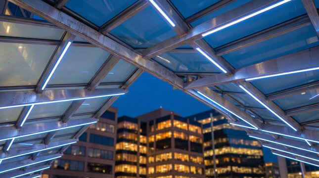 Triangular glass canopy with linear lights frames a distant office building at dusk