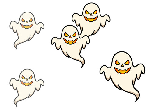 Five friendly cartoon ghosts floating in air