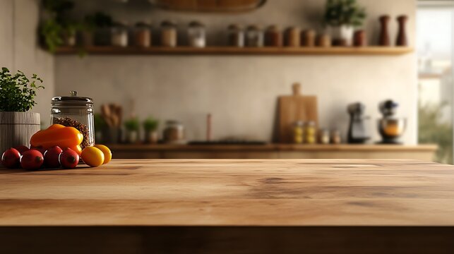 Warm kitchen still life featuring fresh produce spice jars and wooden shelving in soft focus