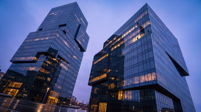 Angular cantilevered office towers rise from a rain-slicked downtown plaza at dusk
