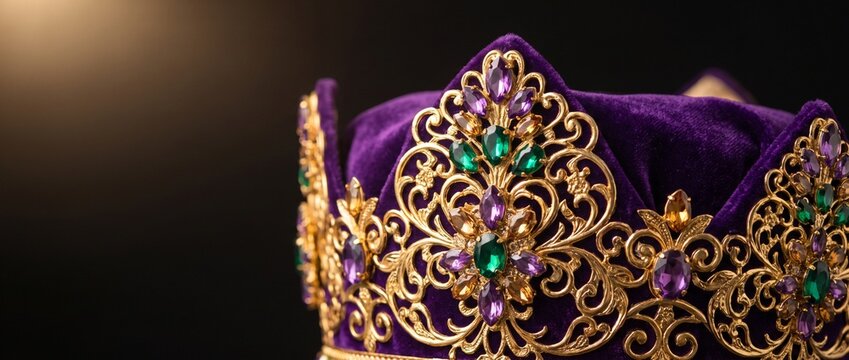 Ornate gold crown with purple velvet fabric and colorful gems  