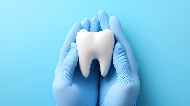 Dental health concept hands in blue gloves protecting a perfect white tooth on a light blue background