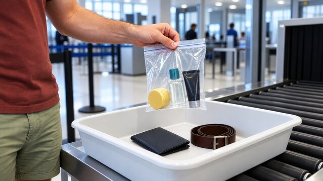 Traveler places liquids and personal items in tray for airport security screening