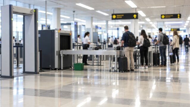 Busy airport security checkpoint with passengers, X-ray scanner and metal detector