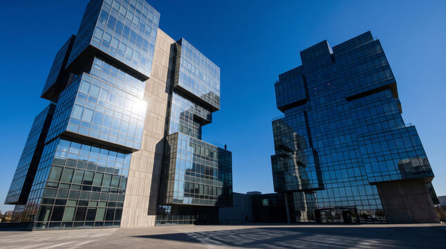 Angular cantilevered high rise towers frame a sunlit downtown plaza against a clear sky