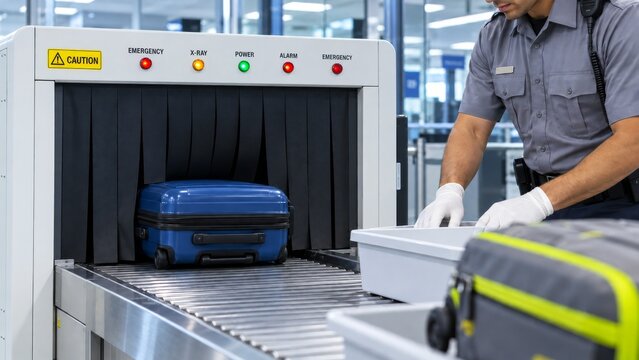 Carry-on suitcase enters X-ray scanner at airport security checkpoint