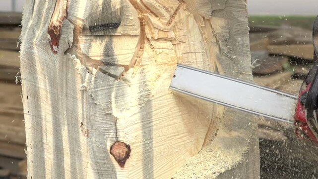 Chainsaw cutting wood sculpture slow motion
