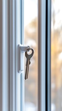 Silver key in a white vinyl window lock representing home security access and new beginnings concepts