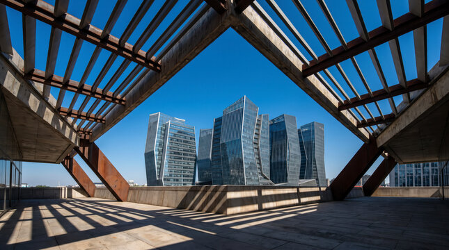 Steel canopy frames a cluster of angular high rise towers against a clear sky