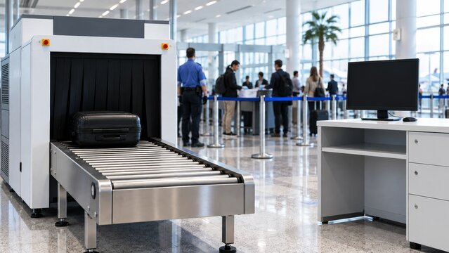 Carry-on bag moving through airport X-ray scanner beside security queue