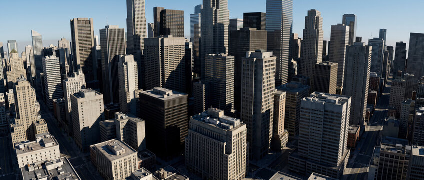 Sunlit downtown skyline casts dramatic shadows across dense office building towers