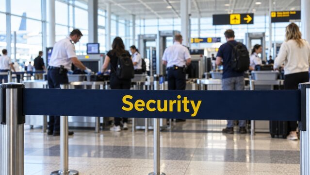 Security barrier marks busy passenger screening area in airport terminal