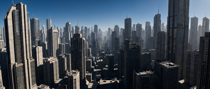 Monochrome futuristic skyline stretches endlessly across a dense high rise metropolis