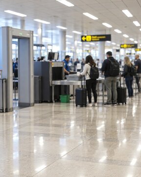 Passengers queue at airport security checkpoint with screening equipment