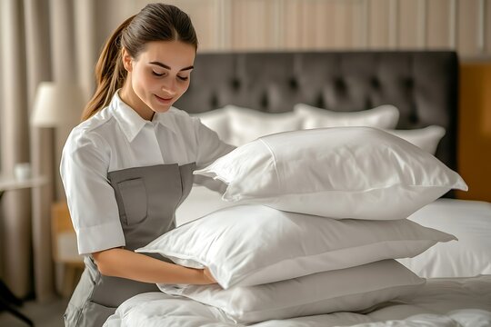 Hotel housekeeping staff arranging pillows on a luxurious bed in a modern hotel room interior