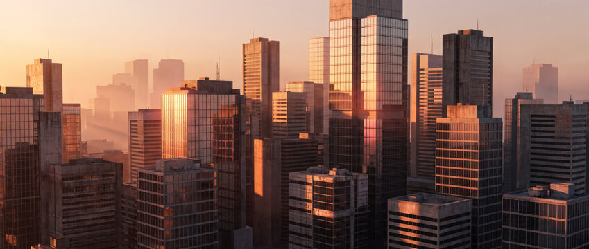 Golden sunset light bathes a dense downtown skyline of towering office buildings