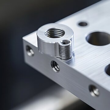 Precision machined aluminum component with internal threading industrial manufacturing detail close up view
