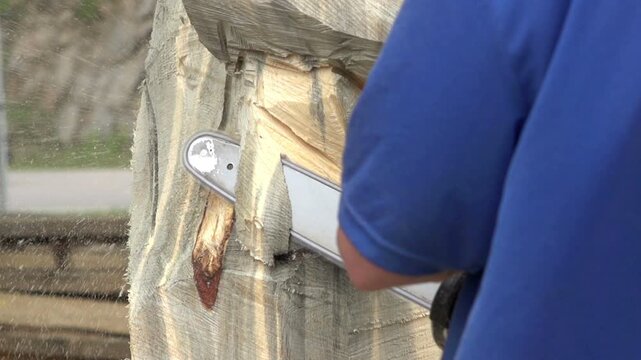 Chainsaw cutting into wood slow motion
