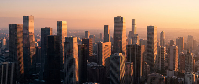 Sunset bathes a downtown financial district skyline in warm golden high rise light