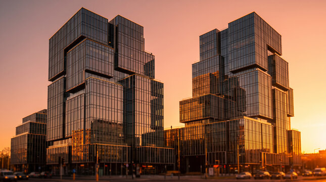 Golden hour light glows across angular cantilevered towers in a downtown plaza