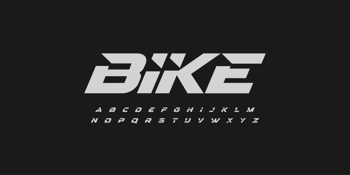 Bike sportive sans serif letters, bold automotive font for dynamic logo, high-speed headline, action-packed typography, race-inspired typographic design. Vector typeset