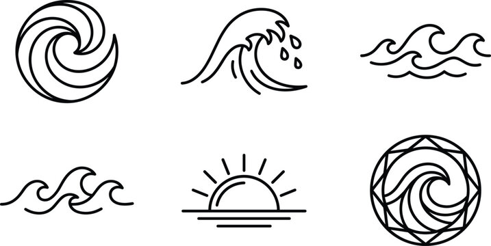 Ocean wave icon set with sea surf sunset beach emblem marine nature graphics vector line art