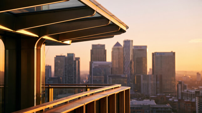 Rooftop terrace canopy frames a hazy downtown skyline glowing at golden hour