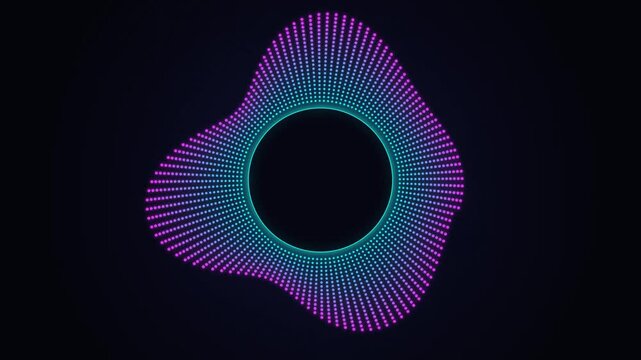 Abstract audio equalizer animation, sound wave pulsating in circle on dark background.