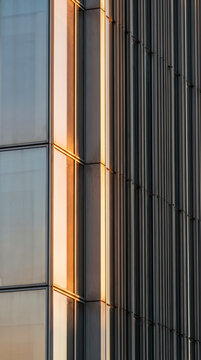 Golden light rakes across a ribbed metal and glass facade in a vertical pattern