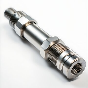 Precision machined stainless steel hydraulic cylinder rod with threads hexagonal sections and internal components