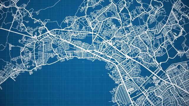 Ink reveal animation of Nova Igua&ccedil;u city, Rio de Janeiro, Brasil (Brazil) grid map. Aerial top view. Blueprint style. White lines with blue background. 4K Seamless loop.
