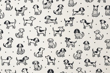 Fototapeta premium Seamless pattern with cute black, white dog illustrations on white background. Hand drawn puppy sketches create repetitive textile design. Various canine breeds repeat across canvas for wallpaper,