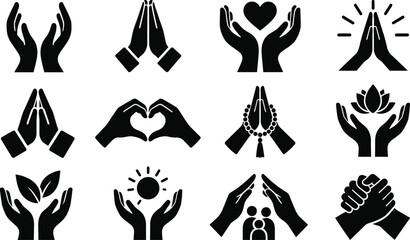 Fototapeta premium Caring Hands Charity Prayer Love Silhouette Icons 