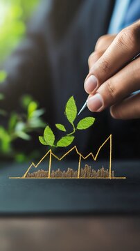 Sustainable growth concept hand drawing a plant sprouting from a financial chart with city skyline