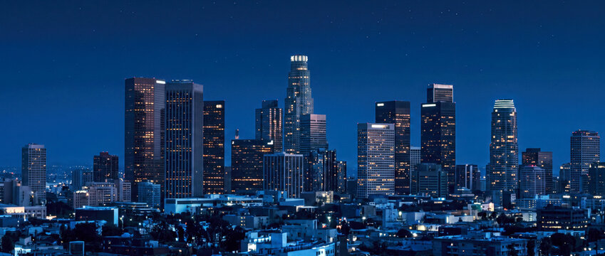 Starry night sky crowns a glittering downtown skyline of illuminated high rise towers