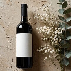 Obraz premium Bottle of red wine with blank label sits on earthy surface. Dried flowers and eucalyptus leaves create a boho aesthetic. Perfect for branding or product display.