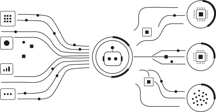 AI system integrating diverse data inputs for automated processing and output generation