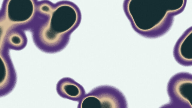 Abstract microscopic cell culture pattern with dark nuclei, purple halos, and beige gradient borders on a white background