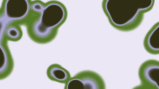 Abstract microscopic view of biological cell cultures with green and purple gradient halos on a pale off-white background