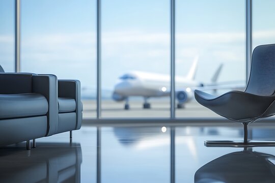 Modern airport lounge interior with large windows overlooking a private jet on the tarmac