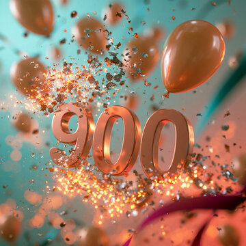 Ballons und Konfetti feiern die Zahl 900 in T&uuml;rkis und Orange