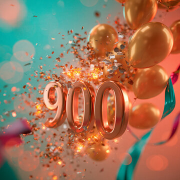 Ballons und Konfetti feiern die Zahl 900 in T&uuml;rkis und Orange