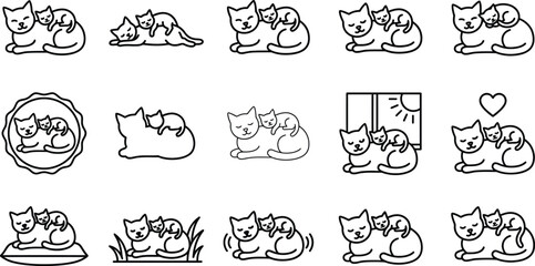 Obraz premium Cute cat and kitten line art icons set displayed on transparent background
