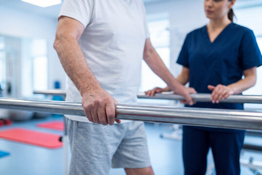 Senior Patient Holding Parallel Bars During Gait Rehabilitation with Occupational Therapist in Clinic