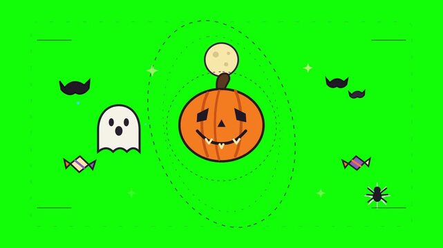 Happy orange pumpkin orbiting moon with spooky ghost in vibrant flat vector animation motion design for creative Halloween holiday projects
