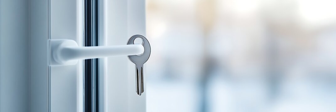 Silver key unlocking a white vinyl window with a lever handle security and access concept