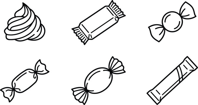 Sweet candy icon set with wrapped chocolate bar swirl cream lollipop dessert treats vector line art