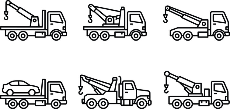 Tow truck icon set with roadside assistance vehicles recovery service flatbed crane transport vector line art