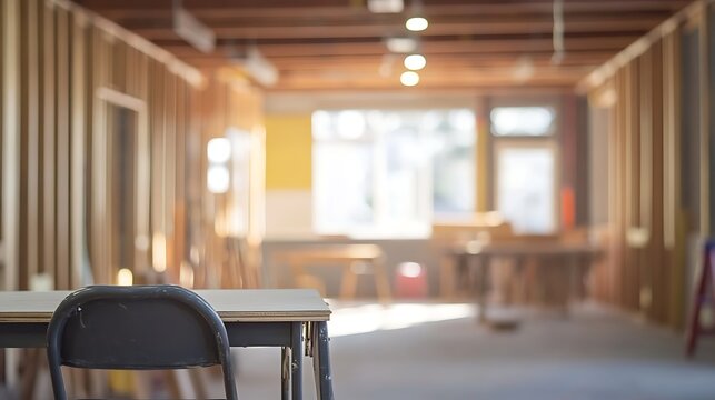 Empty classroom interior with wooden framing and blurred background representing school construction or renovation progress