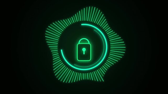 Green neon digital padlock icon on futuristic sound wave equalizer background.